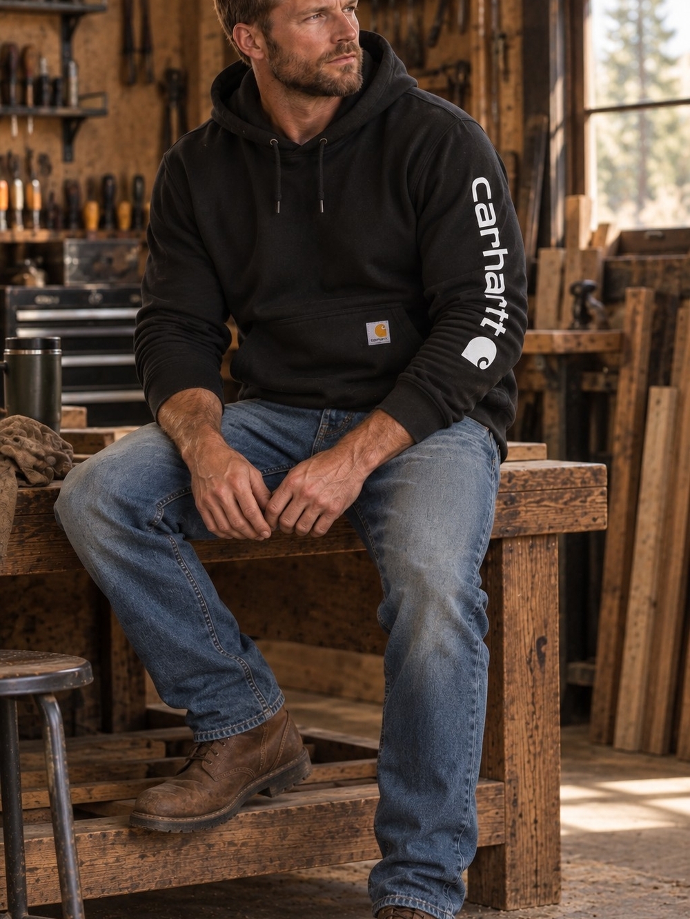 Carhartt K288 Men's M Black Loose Fit Logo Sleeve Pullover Hoodie Sweatshirt